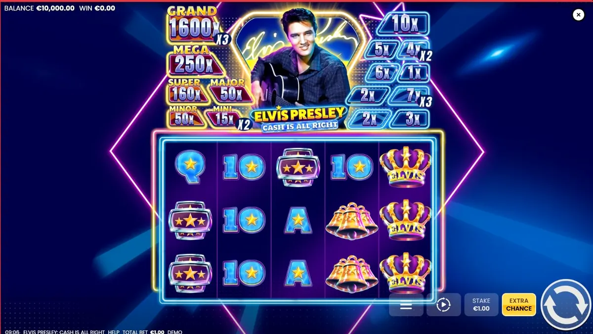 Tampilan visual slot Elvis Presley: Cash is All Right dengan tema neon Las Vegas.